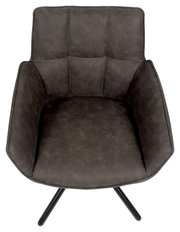 Draufsicht auf einen modernen, dunkelgrauen Armlehnstuhl mit gepolstertem Sitz und schwarzen Metallbeinen.