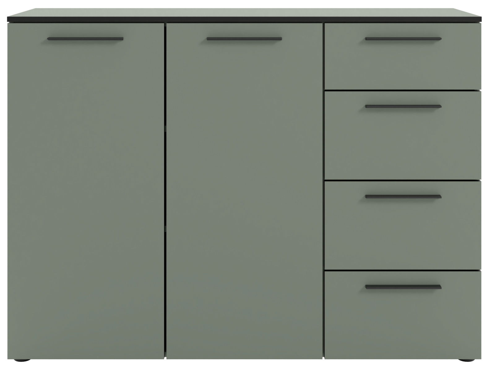 Frontale Ansicht eines modernen Sideboards mit zwei Türen und drei Schubladen in einem schlichten, grauen Design.