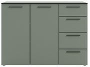 Frontale Ansicht eines modernen Sideboards mit zwei Türen und drei Schubladen in einem schlichten, grauen Design.