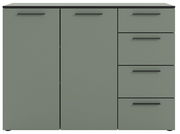 Frontale Ansicht eines modernen Sideboards mit zwei Türen und drei Schubladen in einem schlichten, grauen Design.