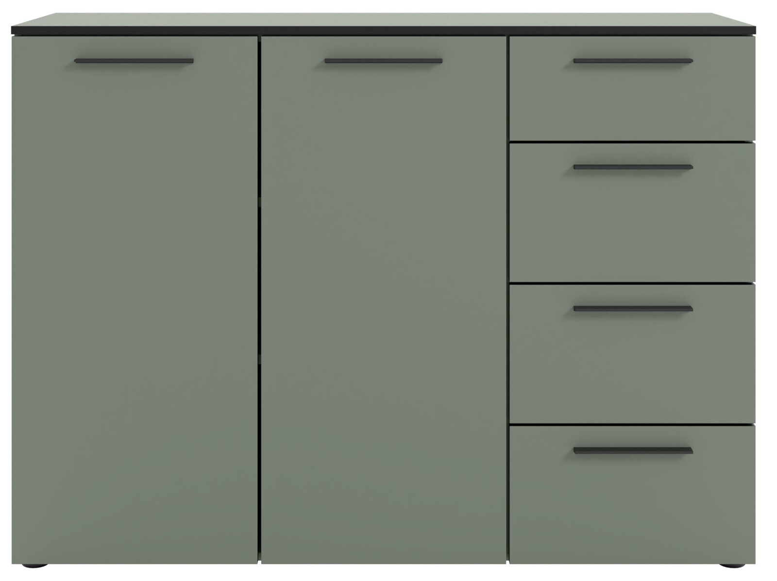 Frontale Ansicht eines modernen Sideboards mit zwei Türen und drei Schubladen in einem schlichten, grauen Design.