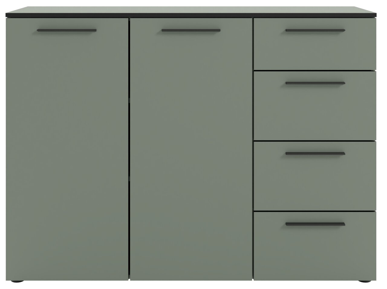Frontale Ansicht eines modernen Sideboards mit zwei Türen und drei Schubladen in einem schlichten, grauen Design.