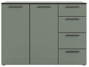 Frontale Ansicht eines modernen Sideboards mit zwei Türen und drei Schubladen in einem schlichten, grauen Design.