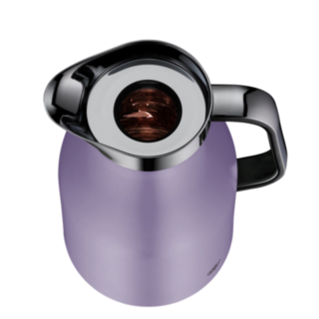 Lila Isolierkanne Skyline aus der Vogelperspektive mit glänzendem Deckel und Griff.