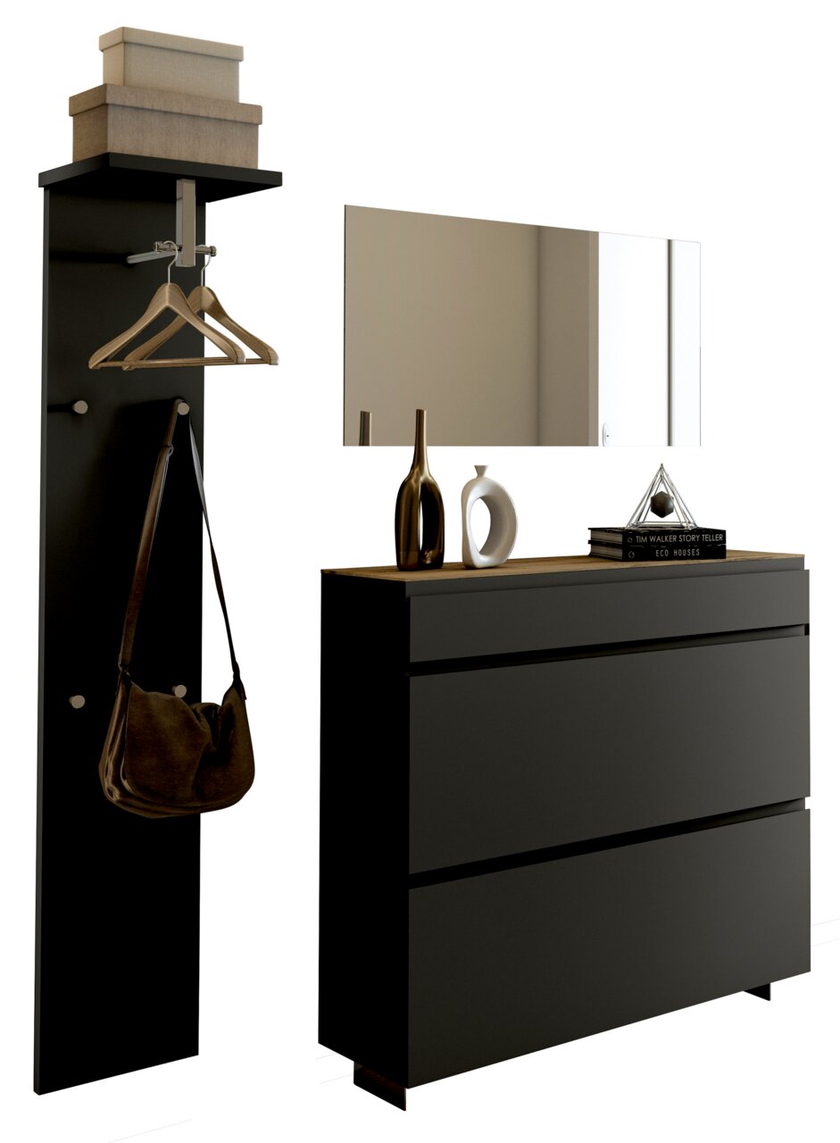 Moderano Garderoben-Set LECCO Modernes Garderobenset in schwarzer Farbe mit Spiegel, Hakenleiste und Kommode, seitliche Perspektive