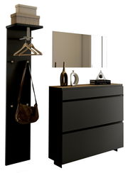 Modernes Garderobenset in schwarzer Farbe mit Spiegel, Hakenleiste und Kommode, seitliche Perspektive