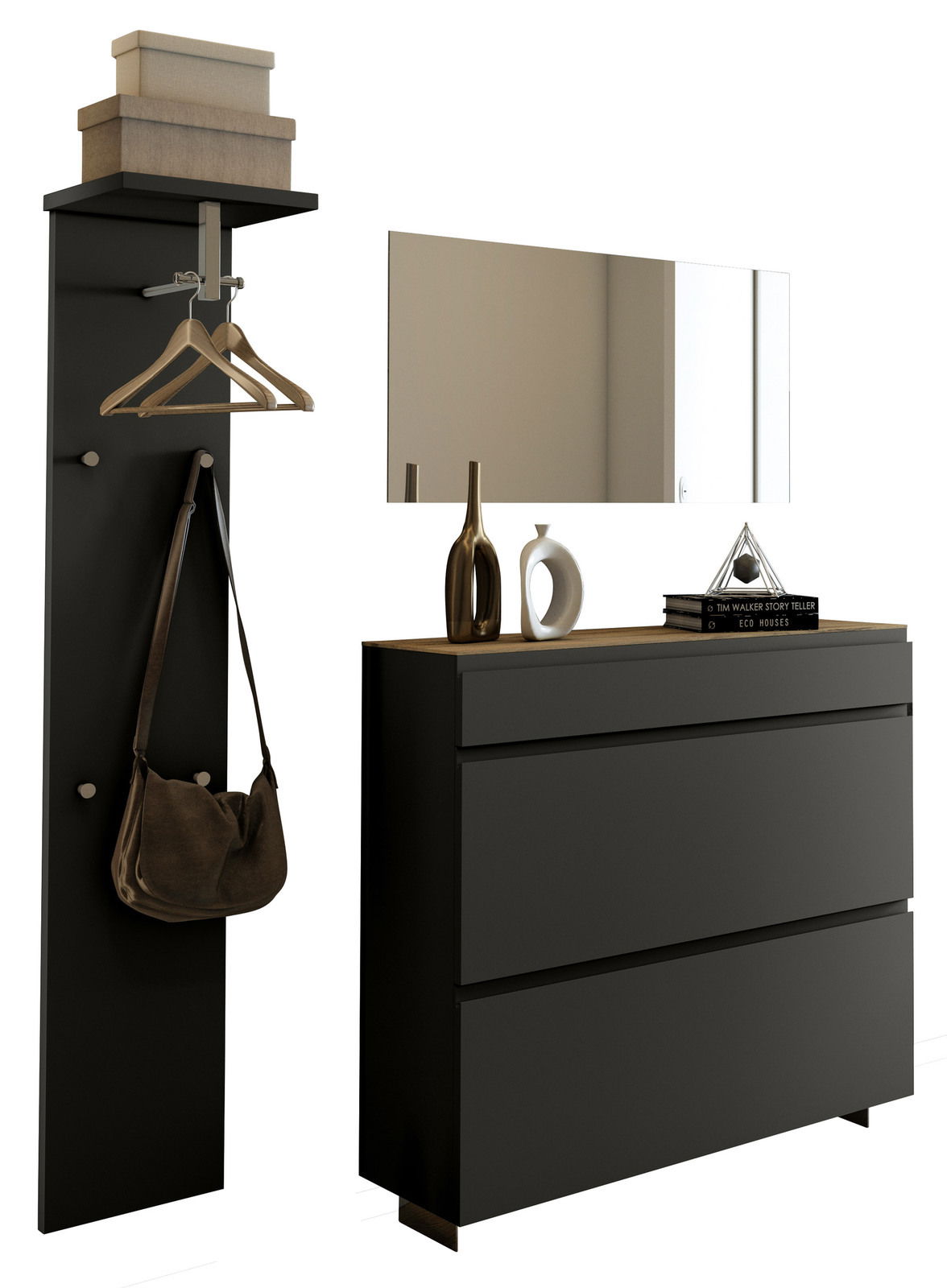 Moderano Garderoben-Set LECCO Modernes Garderobenset in schwarzer Farbe mit Spiegel, Hakenleiste und Kommode, seitliche Perspektive