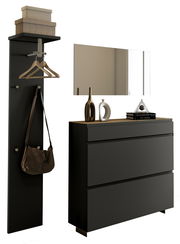 Modernes Garderobenset in schwarzer Farbe mit Spiegel, Hakenleiste und Kommode, seitliche Perspektive