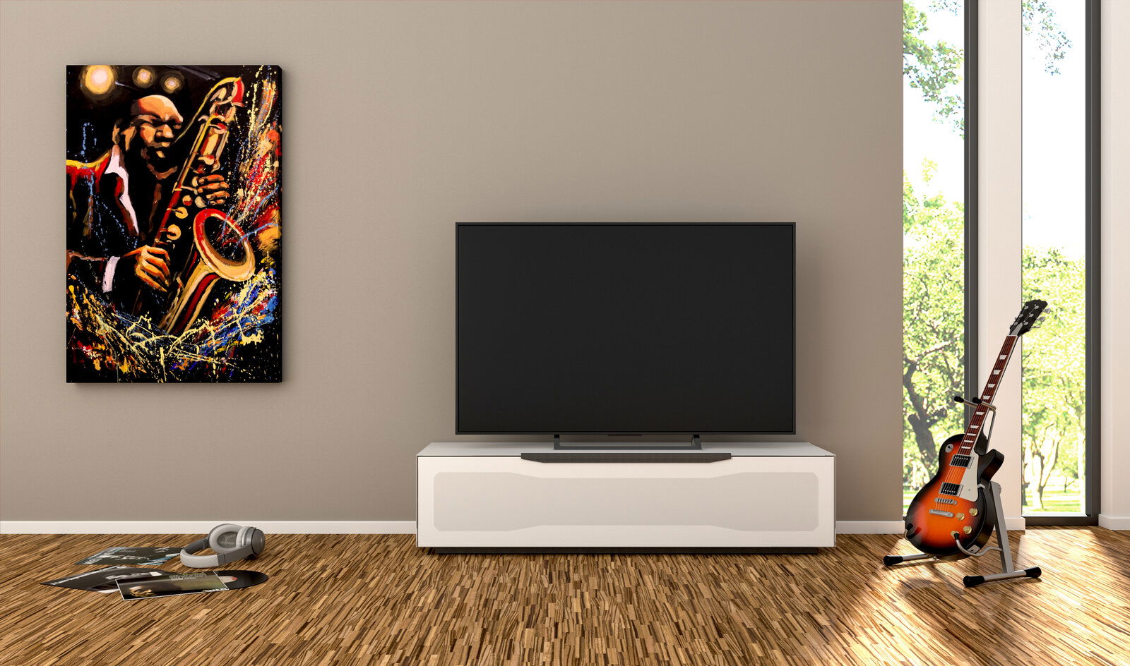 Munari TV-Lowboard RAVENNA Modernes Wohnzimmer mit TV-Lowboard in Weiß, Flachbildfernseher, Gitarre und Jazz-Gemälde an der Wand, frontale Perspektive.