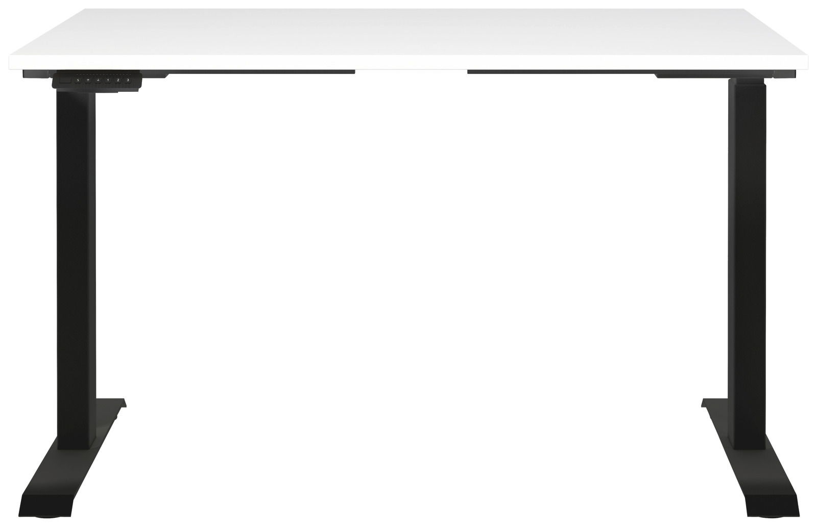 Elektrisch höhenverstellbarer Schreibtisch mit weißer Tischplatte und schwarzen Beinen, Frontalansicht