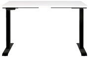 Elektrisch höhenverstellbarer Schreibtisch mit weißer Tischplatte und schwarzen Beinen, Frontalansicht
