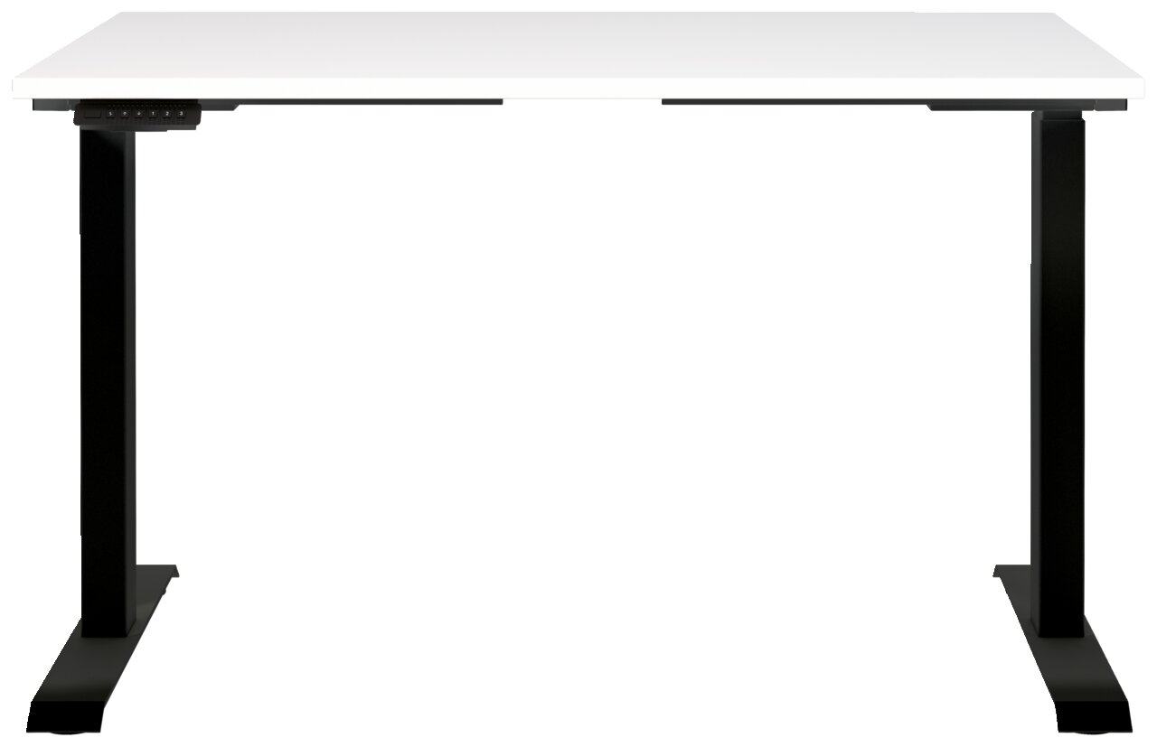 Elektrisch höhenverstellbarer Schreibtisch mit weißer Tischplatte und schwarzen Beinen, Frontalansicht