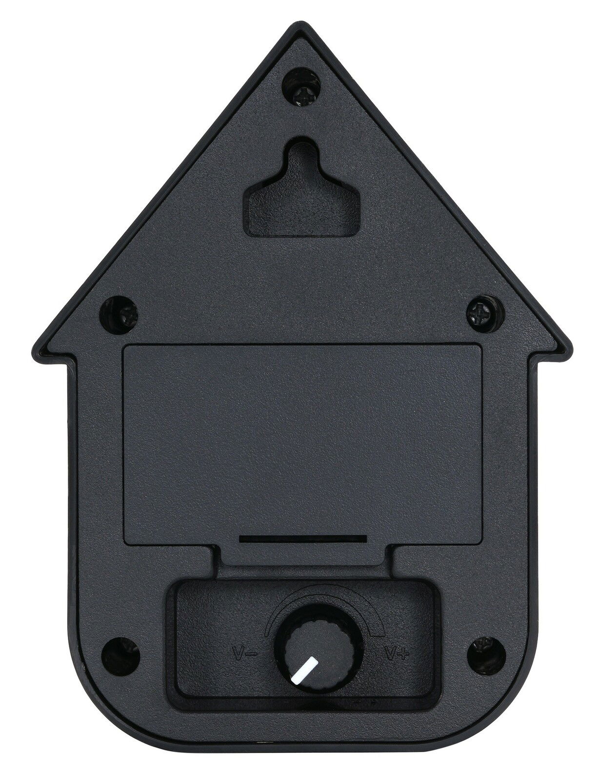 Rückansicht einer modernen schwarzen Soundbox in Hausform mit Lautstärkeregler und Wandhalterung.