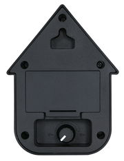 Rückansicht einer modernen schwarzen Soundbox in Hausform mit Lautstärkeregler und Wandhalterung.