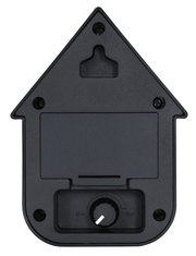 Rückansicht einer modernen schwarzen Soundbox in Hausform mit Lautstärkeregler und Wandhalterung.