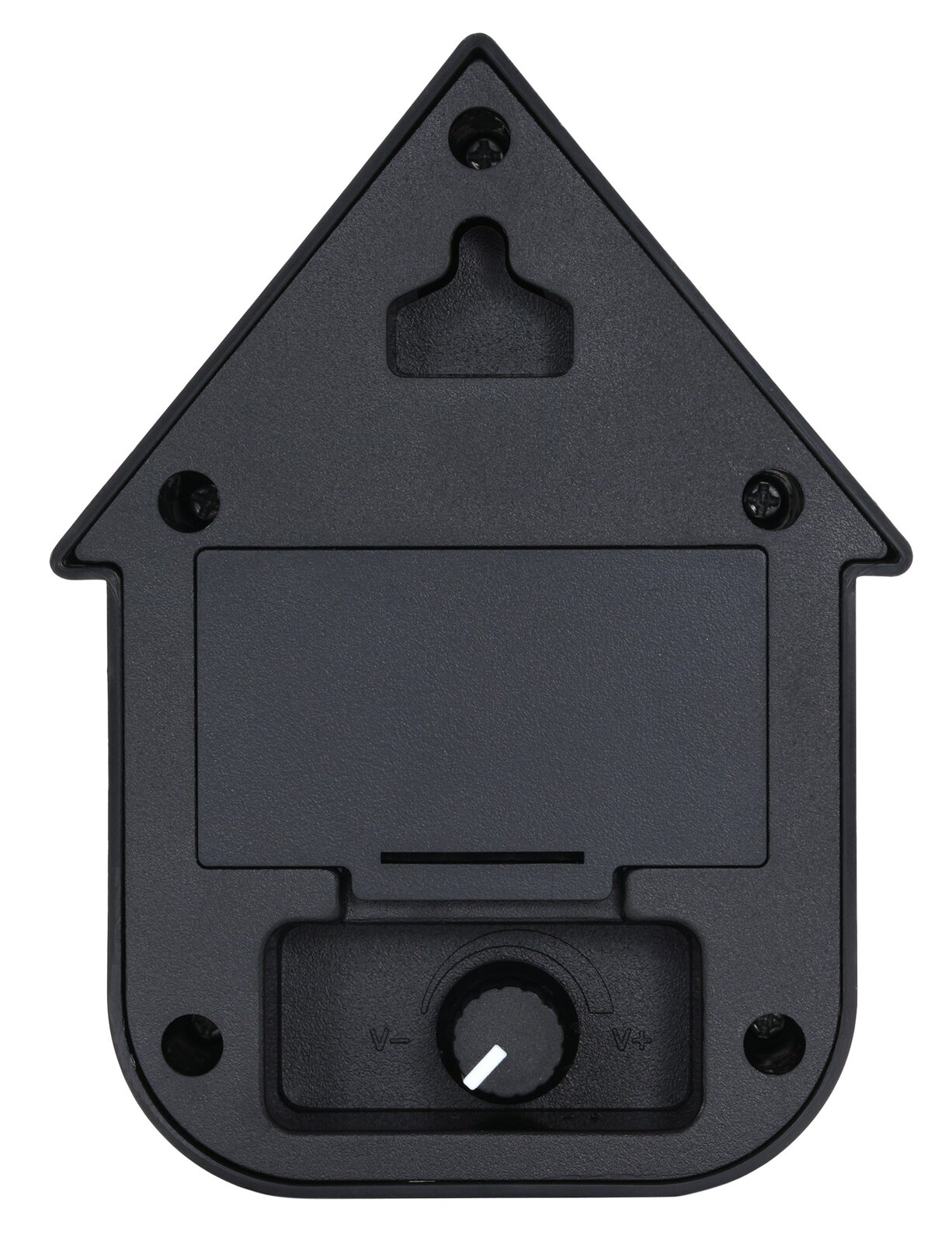 Rückansicht einer modernen schwarzen Soundbox in Hausform mit Lautstärkeregler und Wandhalterung.