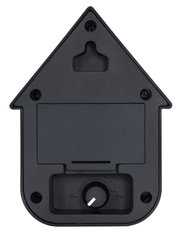 Achterkant van een moderne zwarte luidsprekerkast in de vorm van een huisje, met volumeregelaar en wandbevestiging.
