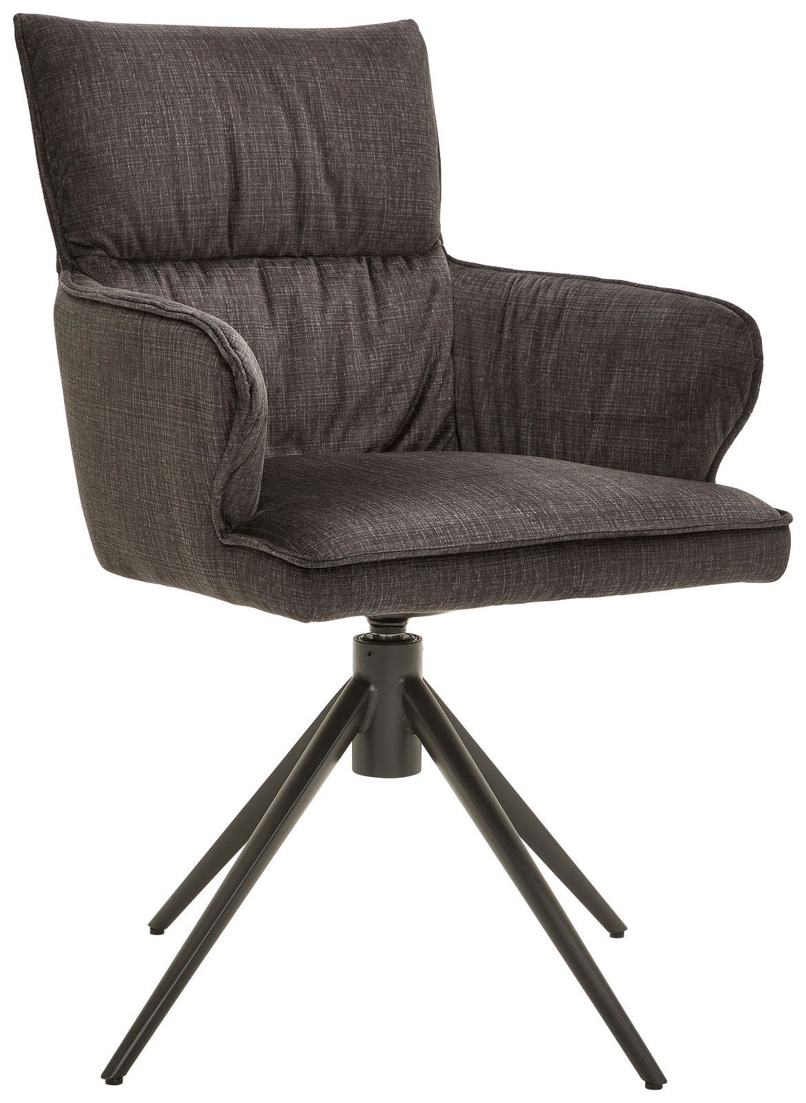 Grauer Armlehnstuhl mit gepolstertem Sitz und Rückenlehne, auf schwarzem Metallgestell, seitliche Perspektive