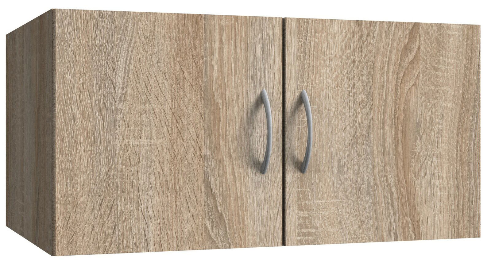 Holzfarbener Wandschrank mit zwei Türen und silbernen Griffen, Frontalansicht