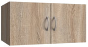 Holzfarbener Wandschrank mit zwei Türen und silbernen Griffen, Frontalansicht