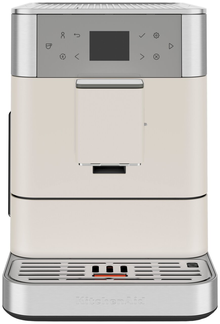 Frontansicht eines modernen Kaffeevollautomaten in cremefarbenem Design mit Edelstahlakzenten und digitalem Display.