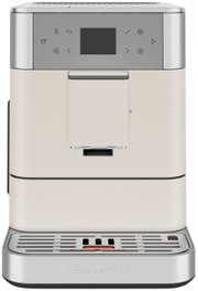 Vooraanzicht van een moderne volautomatische koffiemachine in een crèmekleurig ontwerp met roestvrijstalen accenten en een digitaal display.