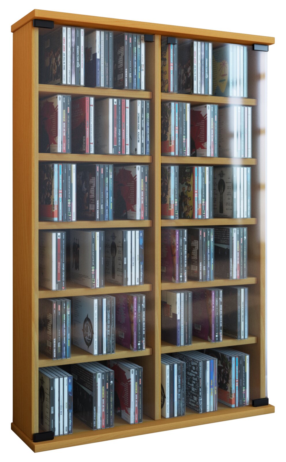 Hoher CD-/DVD-Aufbewahrungsschrank aus hellem Holz mit transparenten Türen und mehreren Regalböden, gefüllt mit CDs; frontale Ansicht leicht schräg von links.