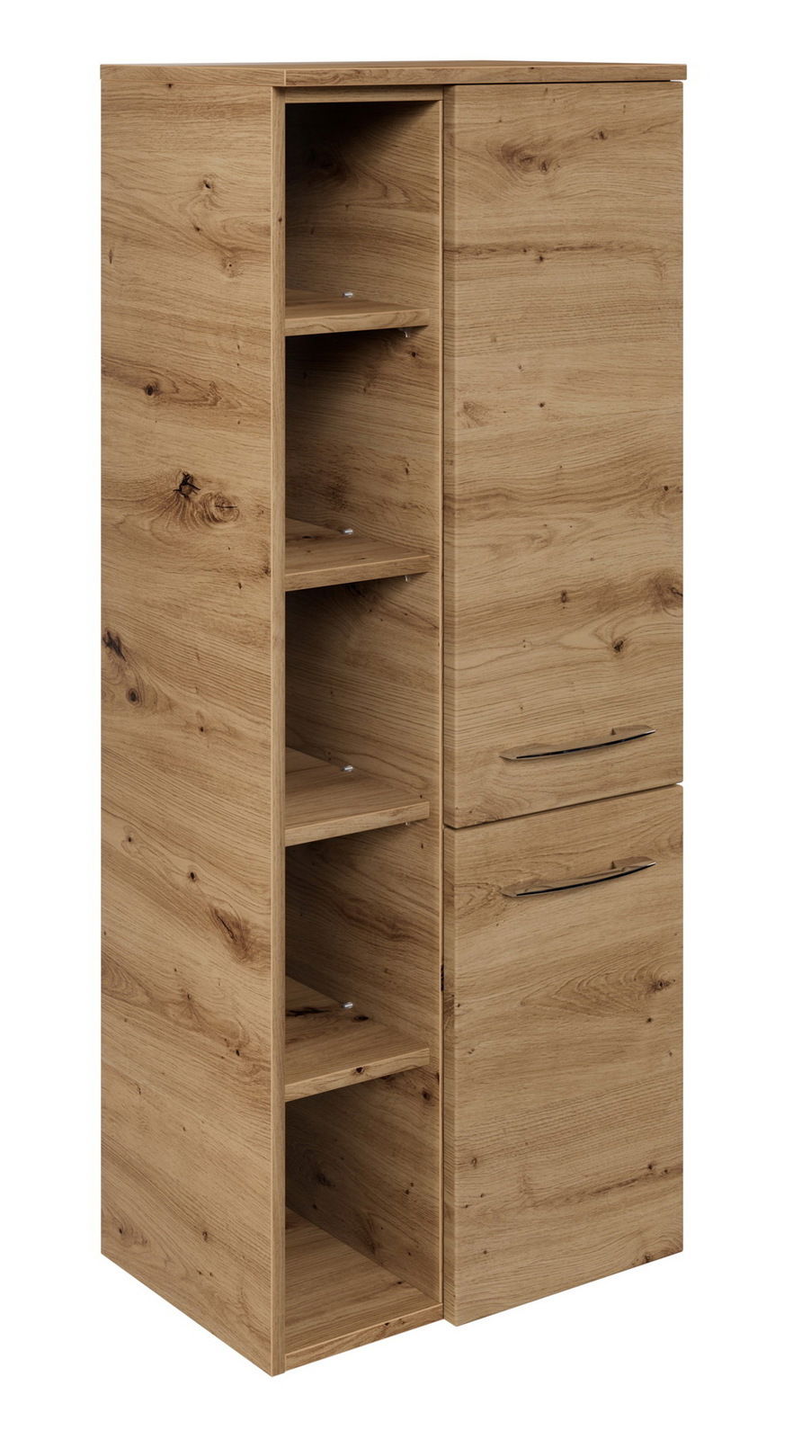 Midischrank aus Holz mit offenen Regalfächern und zwei Türen, seitliche Perspektive