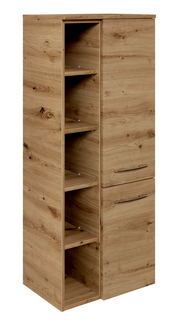 Midischrank aus Holz mit offenen Regalfächern und zwei Türen, seitliche Perspektive