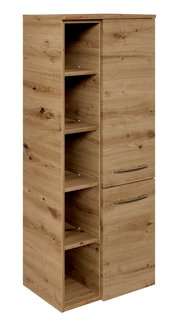 Midischrank aus Holz mit offenen Regalfächern und zwei Türen, seitliche Perspektive