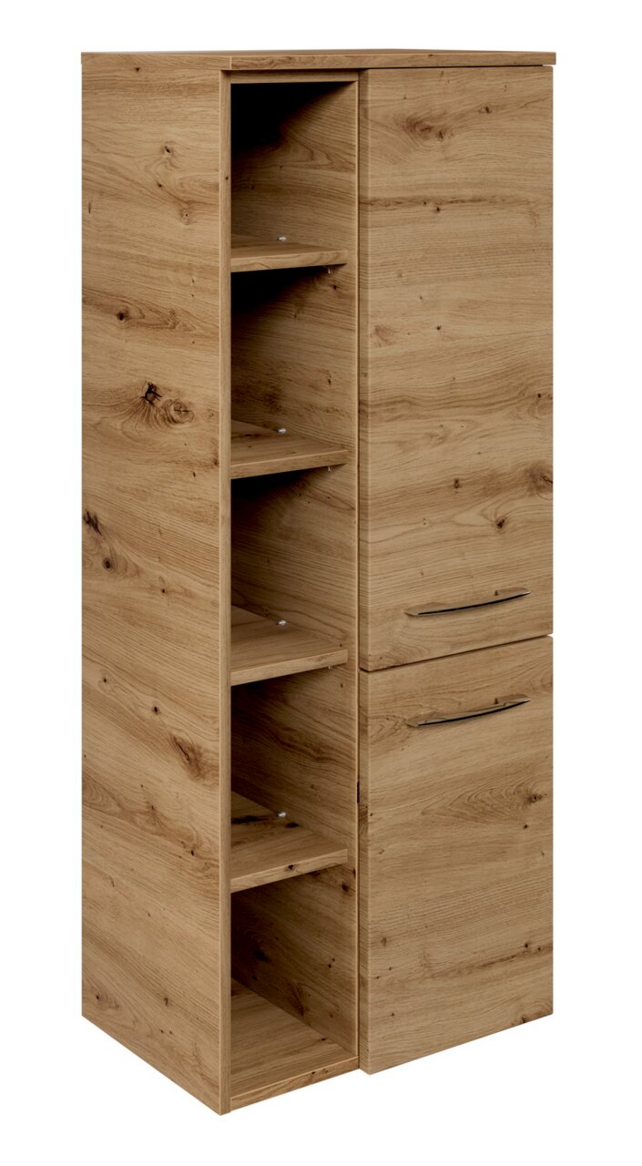 Midischrank aus Holz mit offenen Regalfächern und zwei Türen, seitliche Perspektive
