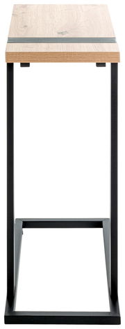 Moderner Beistelltisch mit Holzplatte und schwarzem Metallgestell, frontal betrachtet.