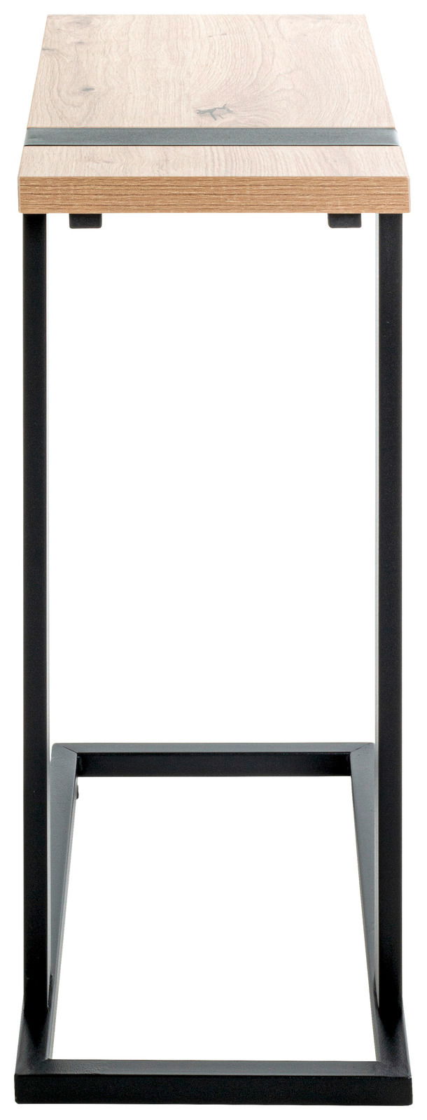 Moderner Beistelltisch mit Holzplatte und schwarzem Metallgestell, frontal betrachtet.