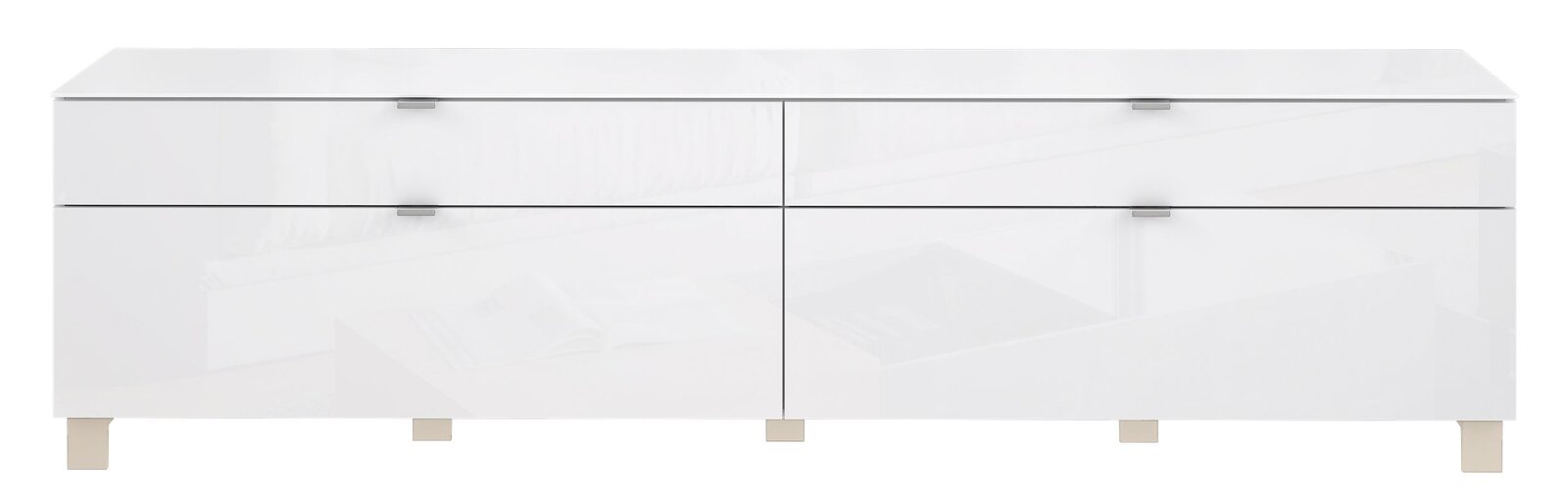 Weißes TV-Lowboard mit vier Schubladen, frontal betrachtet.
