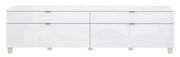 Weißes TV-Lowboard mit vier Schubladen, frontal betrachtet.