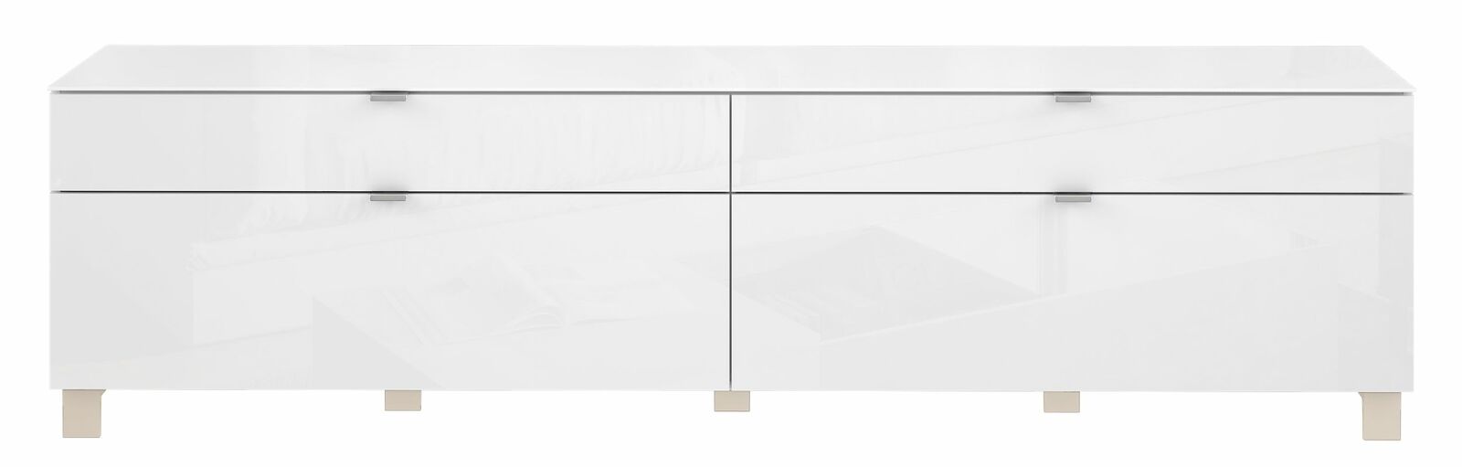 Weißes TV-Lowboard mit vier Schubladen, frontal betrachtet.