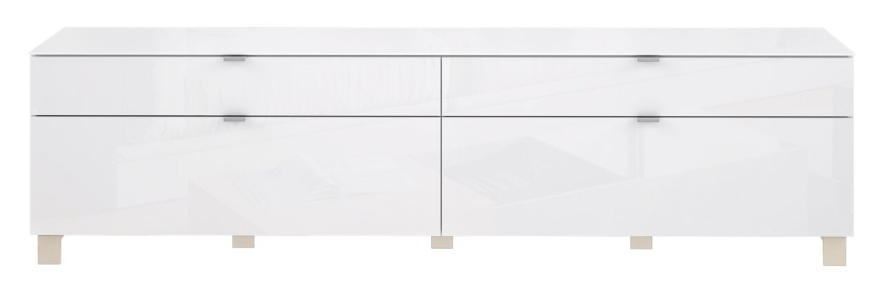 Weißes TV-Lowboard mit vier Schubladen, frontal betrachtet.