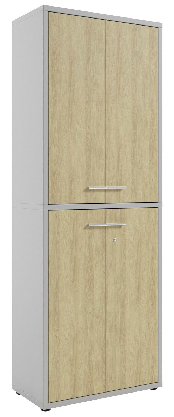 Hoher Aktenschrank mit Holzoptik und silbernen Griffen, seitliche Perspektive