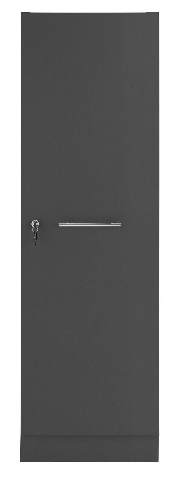 Vorderansicht eines grauen Haushaltschrankes mit silbernem Griff und Schloss.