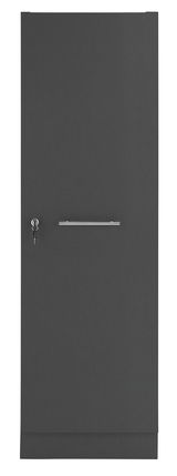 Vorderansicht eines grauen Haushaltschrankes mit silbernem Griff und Schloss.