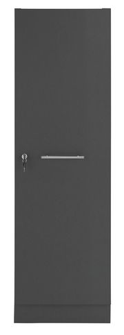 Vorderansicht eines grauen Haushaltschrankes mit silbernem Griff und Schloss.