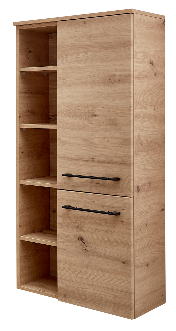 Midischrank aus Holz mit offenen und geschlossenen Fächern, seitliche Perspektive