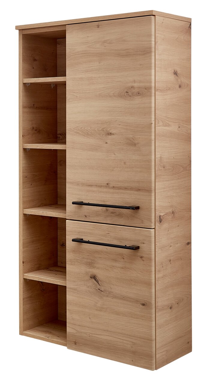 Midischrank aus Holz mit offenen und geschlossenen Fächern, seitliche Perspektive