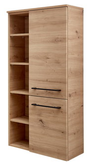Midischrank aus Holz mit offenen und geschlossenen Fächern, seitliche Perspektive