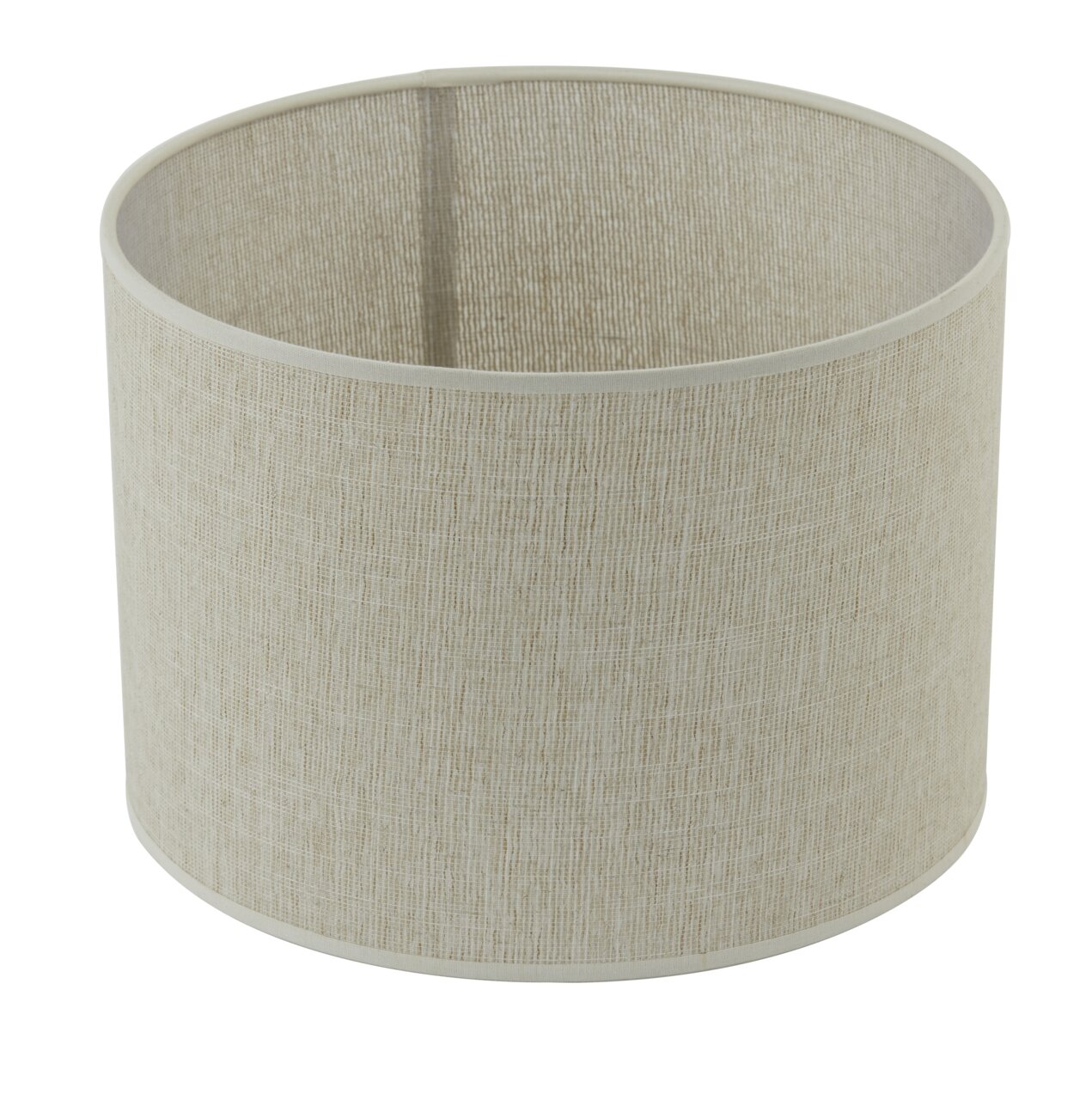 Zylindrischer Lampenschirm aus beigem Stoff, seitliche Perspektive