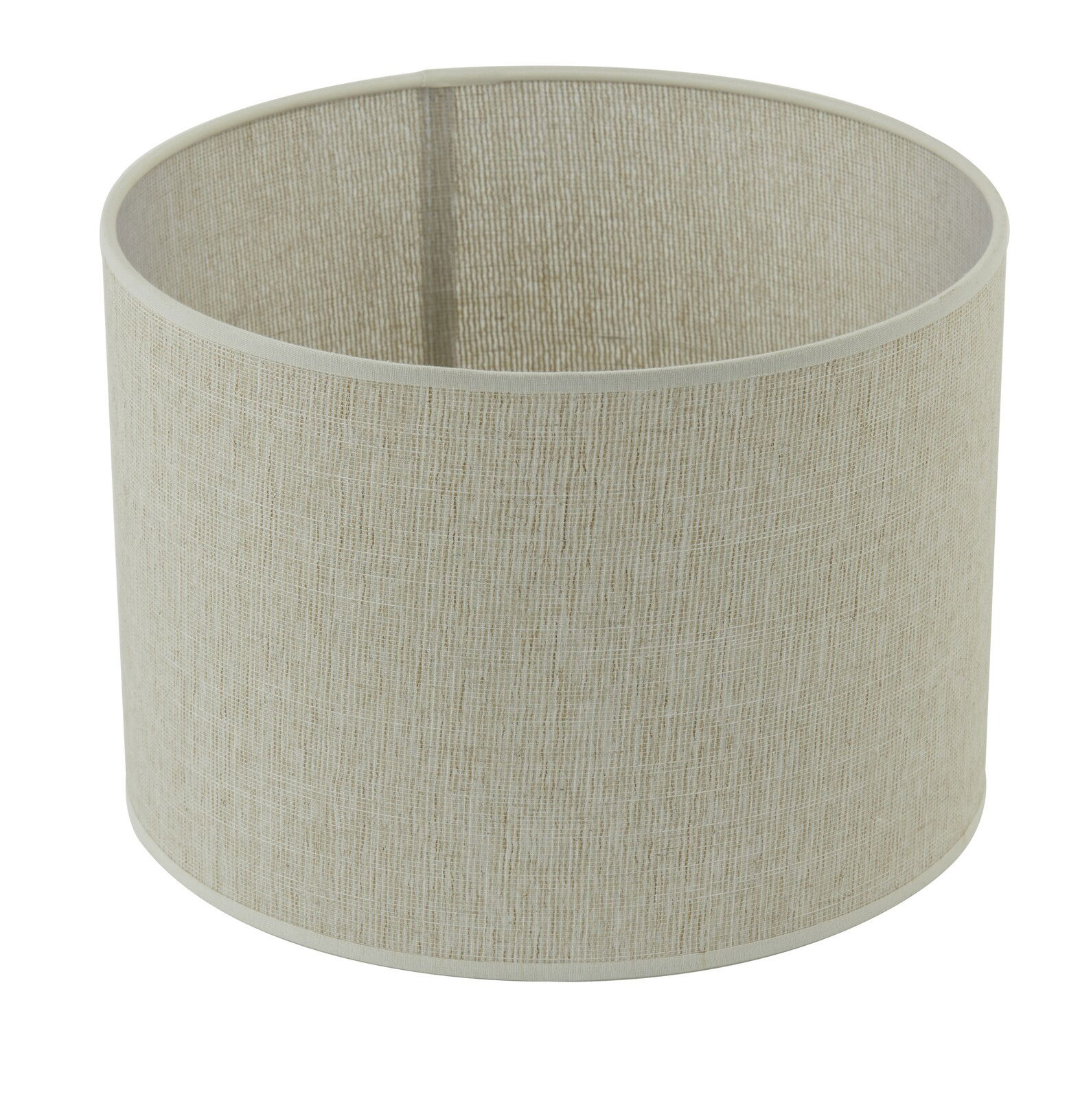 Zylindrischer Lampenschirm aus beigem Stoff, seitliche Perspektive