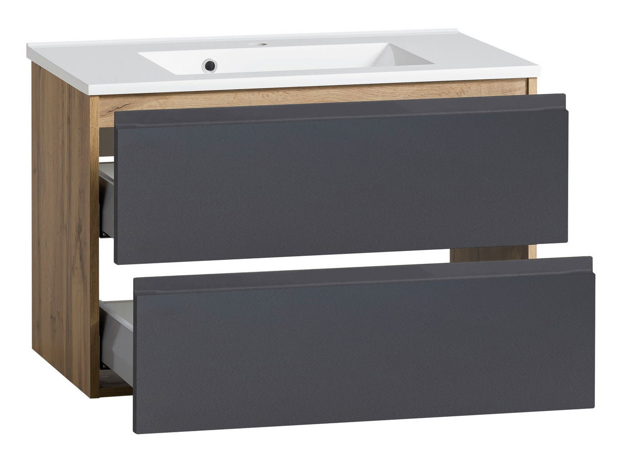 Waschtisch-Set 80 cm mit zwei Schubladen in Holzoptik und grauer Front, seitliche Perspektive