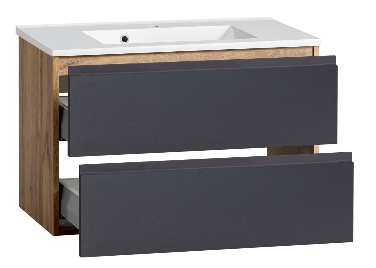 Waschtisch-Set 80 cm mit zwei Schubladen in Holzoptik und grauer Front, seitliche Perspektive