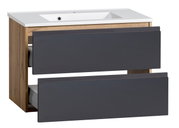 Waschtisch-Set 80 cm mit zwei Schubladen in Holzoptik und grauer Front, seitliche Perspektive