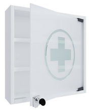 Weißer Medikamentenschrank mit Glastür und Kreuzsymbol, seitliche Regalfächer sichtbar, in schräger Vorderansicht (3/4-Perspektive)